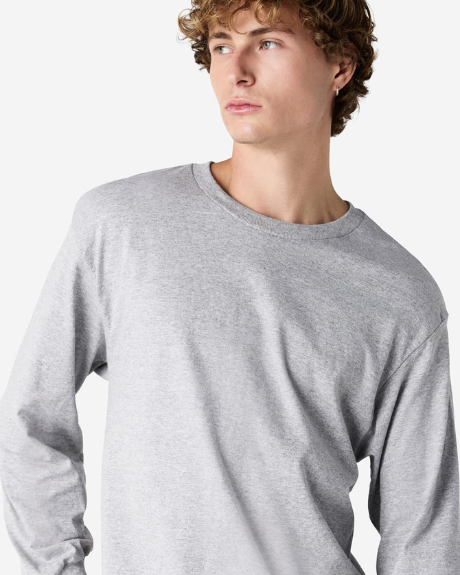 A lightweight, unisex long sleeve T-shirt in grey, featuring a round neckline and a subtle logo.