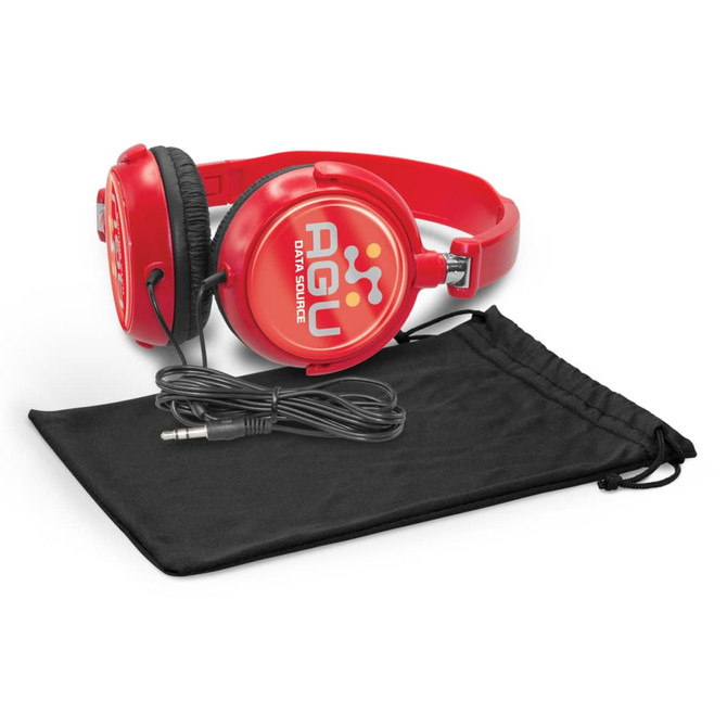 A pair of red Pulsar Headphones with a branded logo, accompanied by a black drawstring storage pouch and an audio cable.