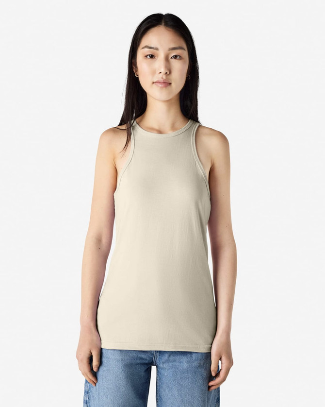 A lightweight, cream-coloured women's racerneck tank top with a fitted design and branding.