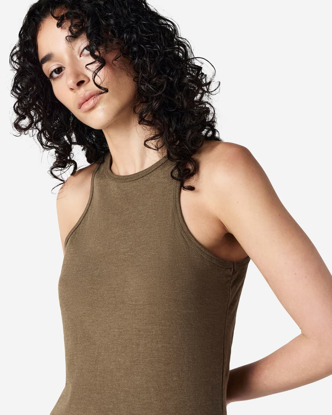 A women's racerneck tank in olive green with a fitted design and a subtle logo.