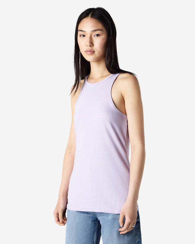 A lightweight lilac racerneck tank top with a fitted style, featuring a branding logo.