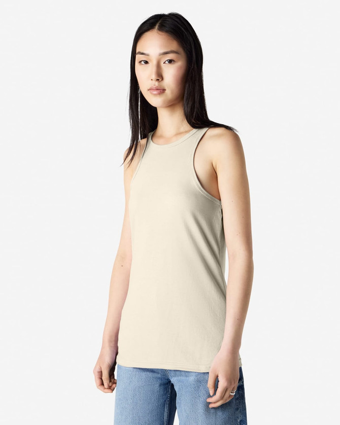 A light beige women’s racerneck tank top with a fitted design and a logo. Ideal for casual wear.