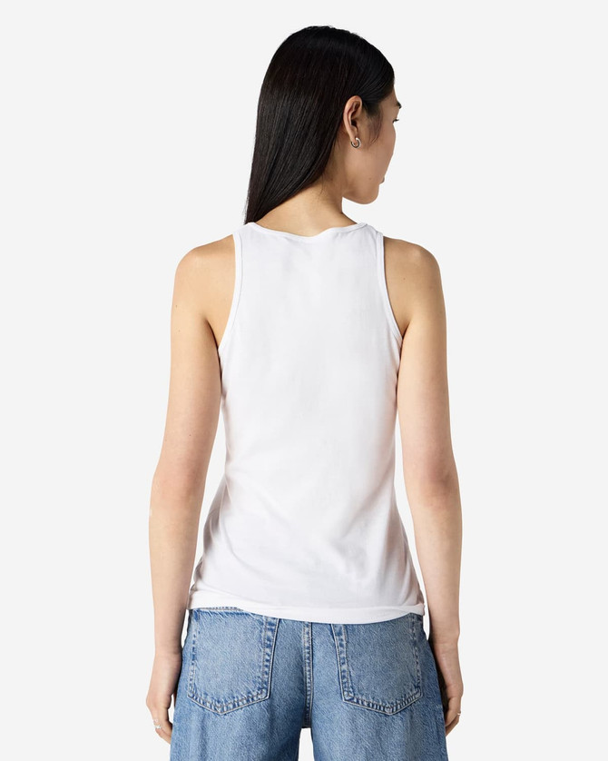 A white women's racerneck tank top, featuring a fitted design and a logo on the back.