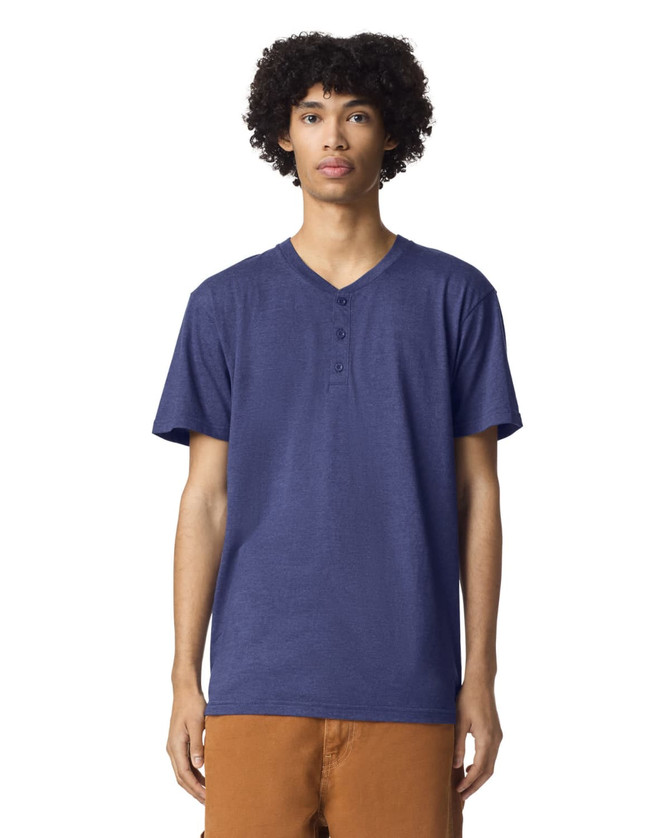 A navy unisex Henley T-shirt with a buttoned neck, featured on a model against a white background.