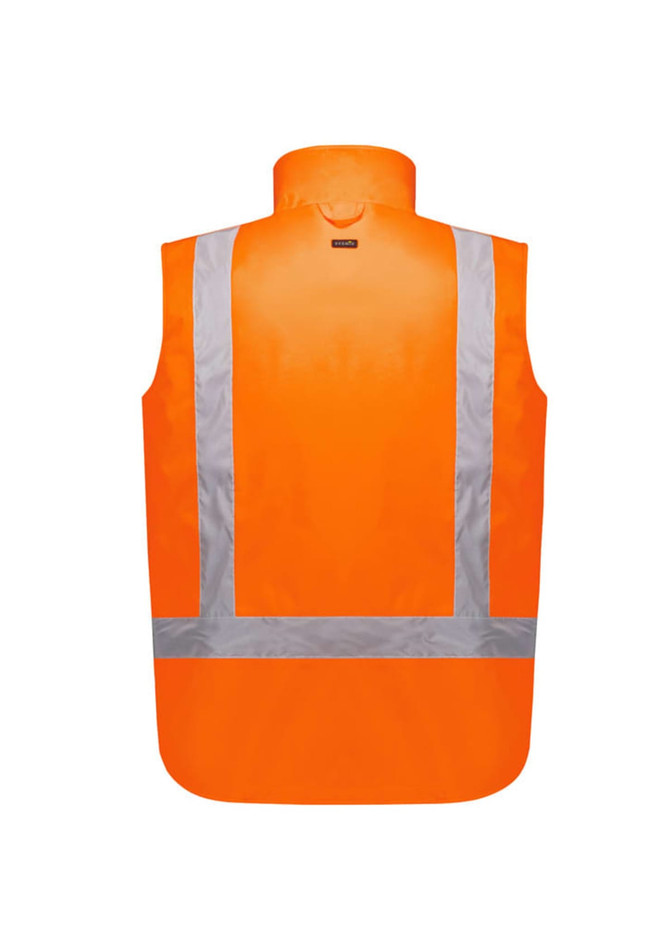 A bright orange, waterproof, reversible vest with reflective stripes and a branded logo on the back.