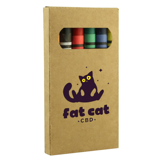 A set of six crayons in various colours, packaged in a cardboard box with a window and a logo.