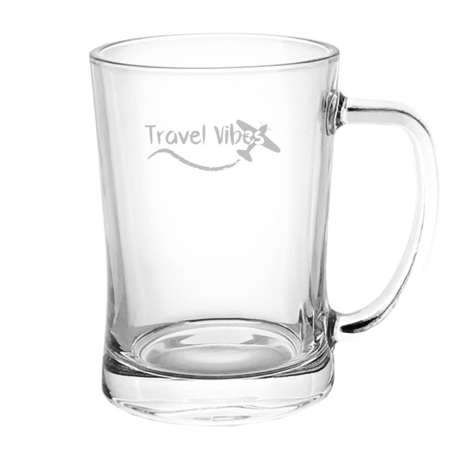 A glass beer mug featuring a clear design, with a handle and an engraved logo, ideal for enjoying beverages.