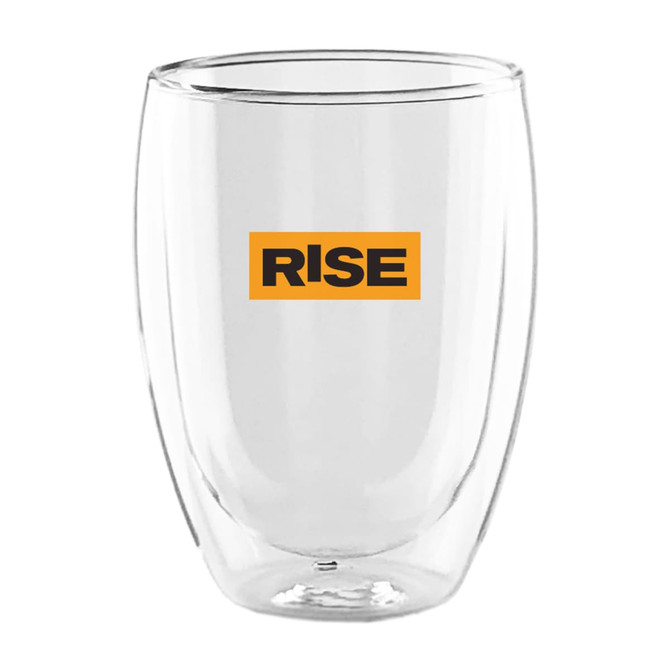 A double wall glass in clear colour with a logo featuring the word "RISE" in orange.