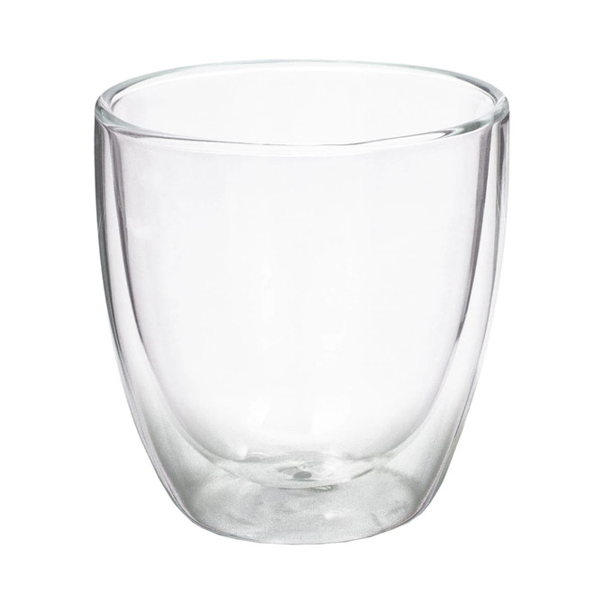 A double wall glass featuring a clear, sleek design, showcasing its transparent, elegant appearance.