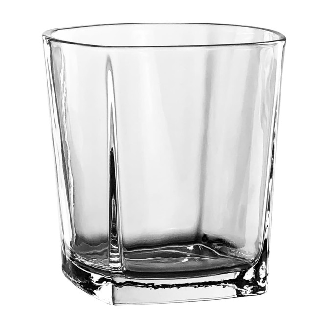 A glass tumbler with a clear, square shape and a sturdy base, featuring a simple design.