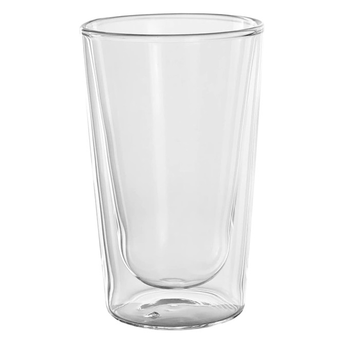 A double wall glass tumbler in clear glass, featuring a sleek and modern design, with a visible logo.