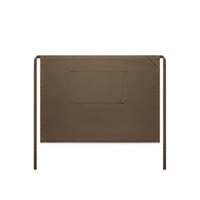 A brown canvas half apron featuring a single pocket and long tying straps.