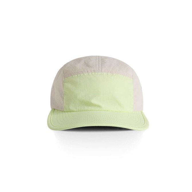 A two-tone cap featuring a pale beige and light green design, with a logo on the front.