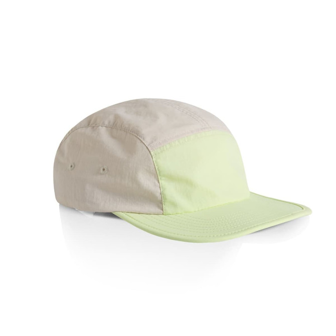 A two-tone nylon cap featuring light green and beige colours, with a curved brim and a logo on the side.