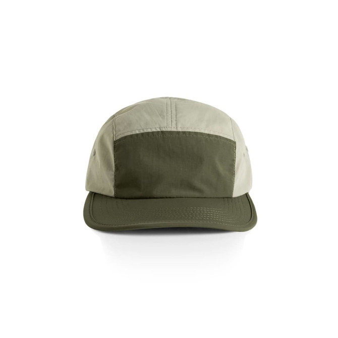 A two-tone nylon cap featuring a light khaki front and an olive green brim, with a logo on the side.