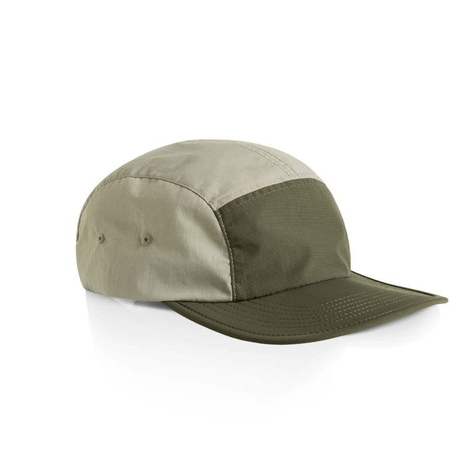 A two-tone nylon cap in khaki and olive green, featuring a logo on the side.