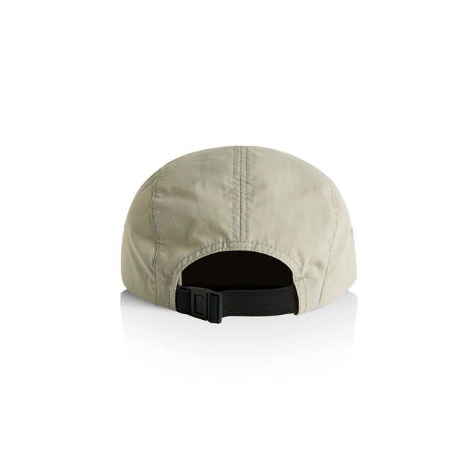 A two-tone nylon cap in beige with an adjustable strap at the back and a small logo.