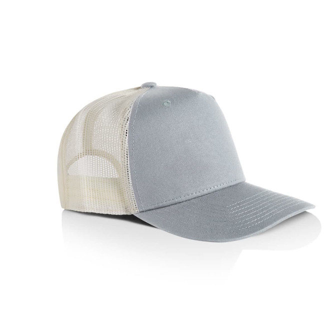 A grey and cream trucker cap featuring a structured front and mesh back, complete with a logo.