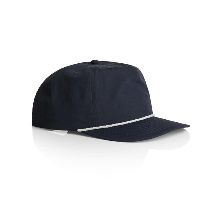 A navy cap with a white rope detail across the front and a logo on the side.