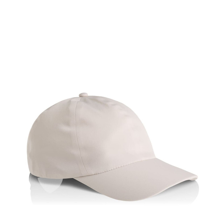 A beige cap with a rounded crown and a stiff visor, featuring a branding logo.