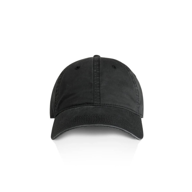 A black cap featuring a structured front panel and a curved brim, with a logo on the side.