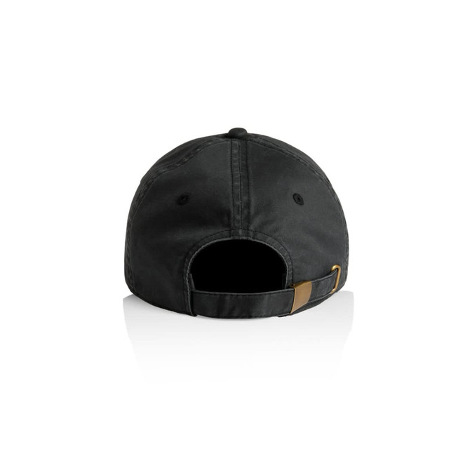 A black cap with a curved brim and an adjustable strap at the back, featuring a logo.