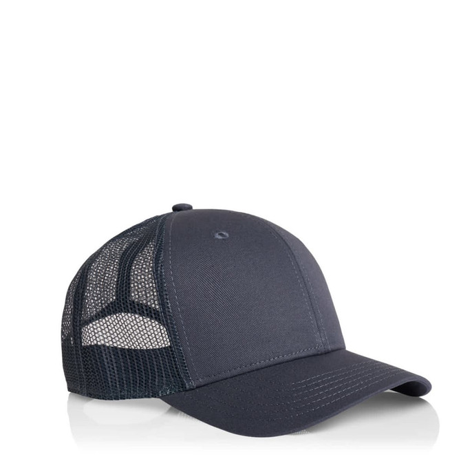 A dark grey trucker cap with a mesh back and solid front panel, featuring a logo on the front.