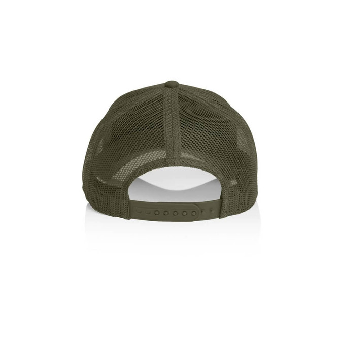 A trucker cap in olive green with a mesh back and an adjustable snap closure.