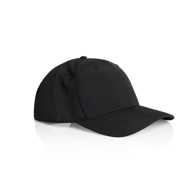 A black nylon cap with a curved brim and a solid design, featuring an adjustable strap at the back.