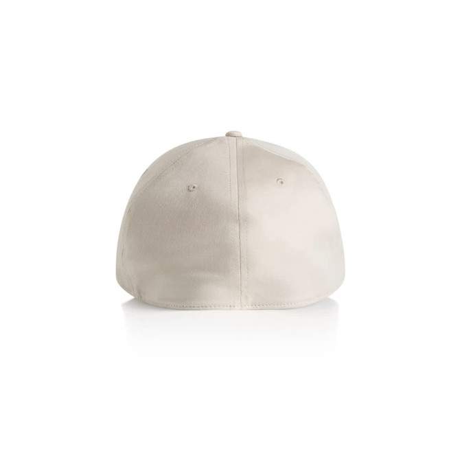 A beige cap with a curved brim and a logo present, showcased from the back.