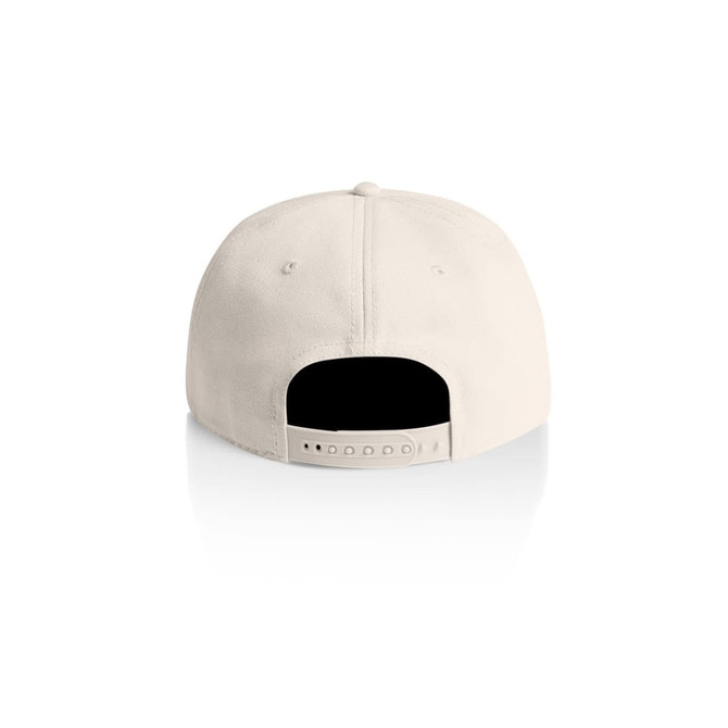 A beige cap with a rear adjustable strap and a logo on the back.
