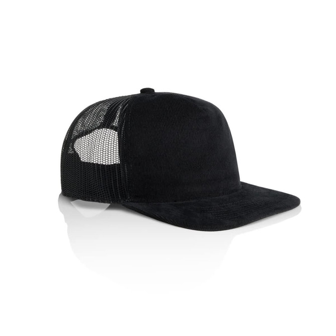 A black trucker cap featuring a solid front and mesh back. The cap has a logo on one side.