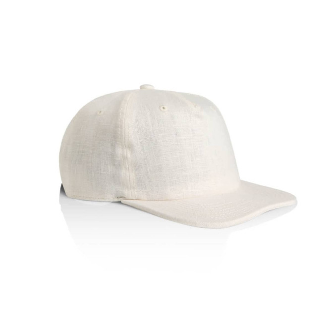 A cream-coloured cap with a structured design and a logo on the front.