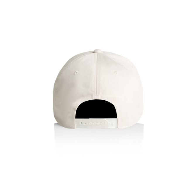 A white cap with a black underside, featuring a logo on the back.