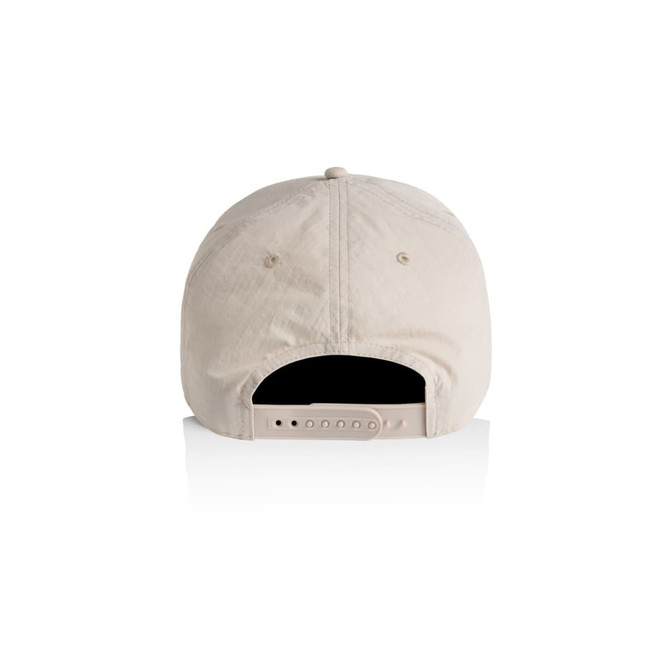A beige cap with a nylon texture, featuring an adjustable strap and a branding logo on the back.