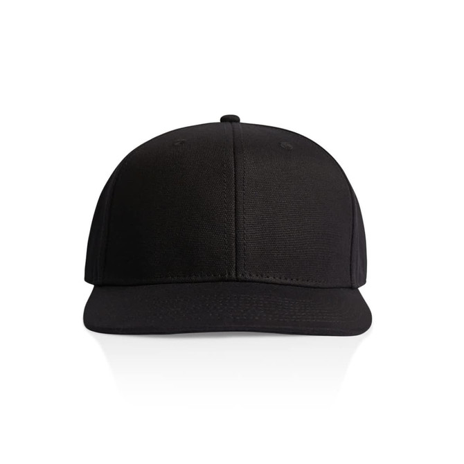 A black canvas cap with a structured front and a flat brim; features a logo on the front.