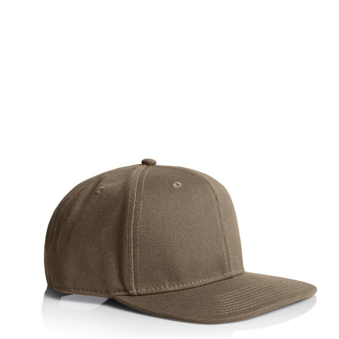 A stock canvas cap in a muted olive green colour with a structured design and flat brim. Features a logo on the side.