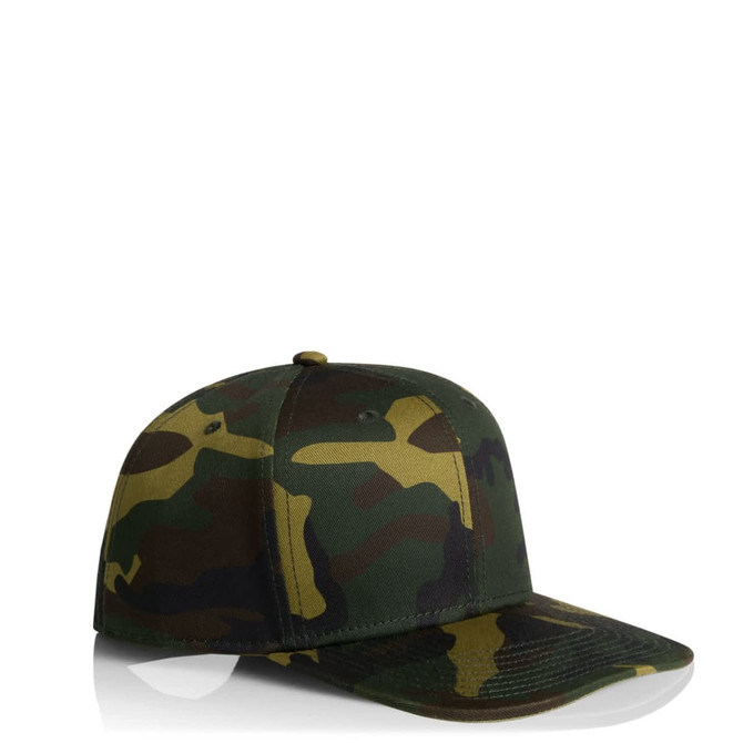 A camouflaged cap in green and brown tones with a flat brim and adjustable back. Features a logo on the side.