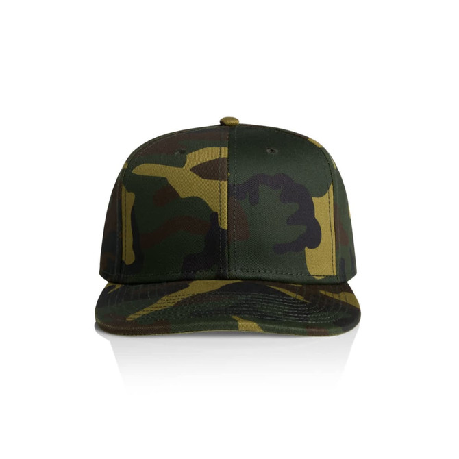 A camo cap in green, brown, and tan tones with a flat brim and adjustable strap. Includes branding on the side.