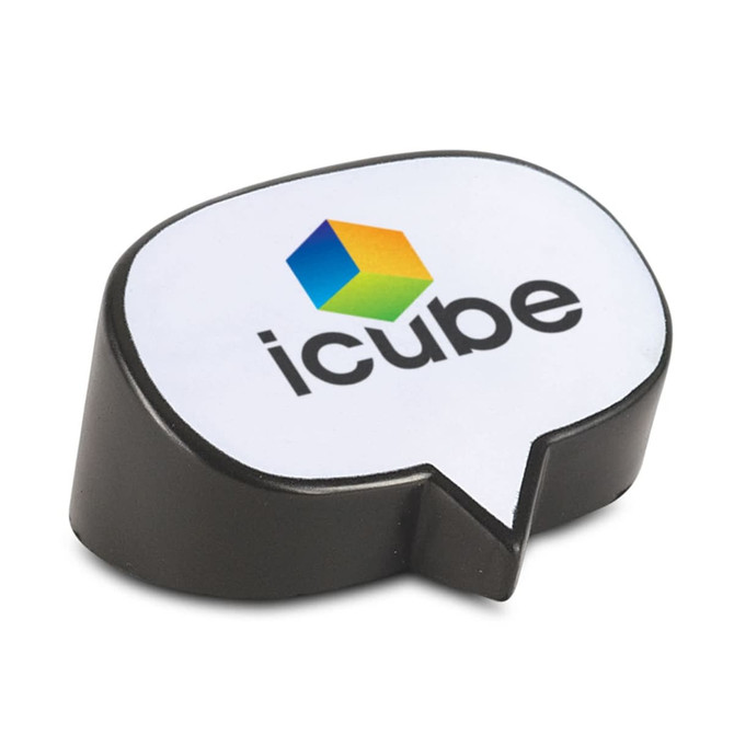 A stress relief product shaped like a speech bubble featuring the logo "icube." It's designed for fun and relaxation.