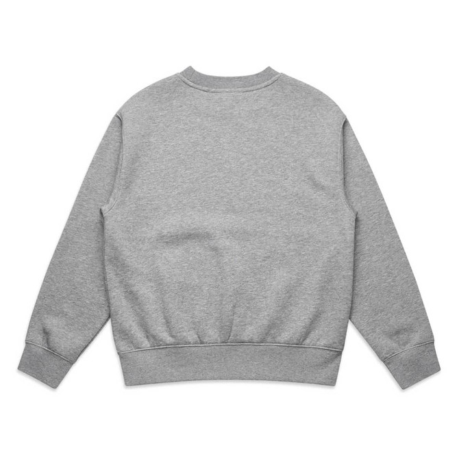 A grey jumper featuring a classic crew neck and ribbed cuffs, with a plain back design.