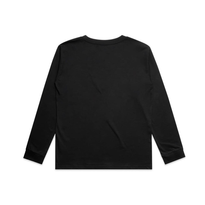 A black long-sleeve t-shirt featuring a simple design and a logo on the back.