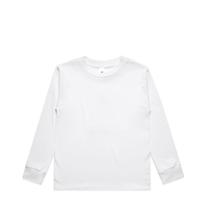 A long-sleeve white T-shirt with a simple design and a logo on the front.