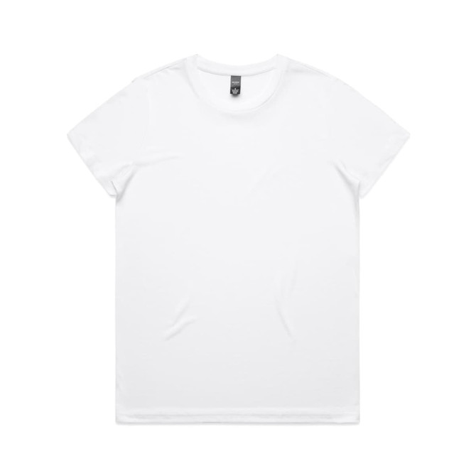 A white T-shirt with a simple design and a logo on the label.