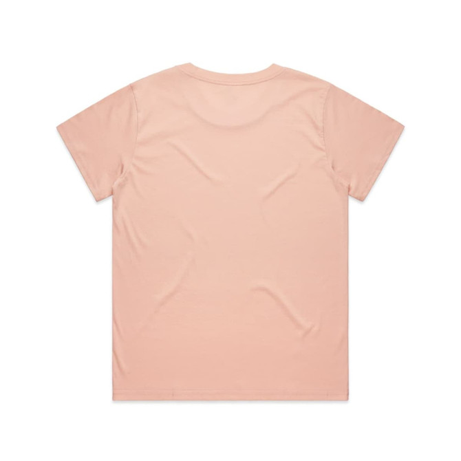 A plain peach T-shirt with a crew neck and short sleeves, featuring a logo on the back.