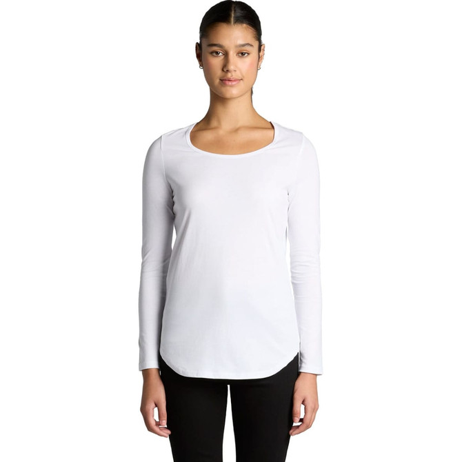 A long-sleeve t-shirt in white, featuring a scoop neckline and a fitted silhouette. It has a logo on the front.