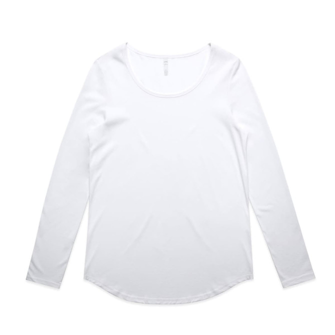 A long-sleeve white T-shirt with a round neckline and a logo on the label.