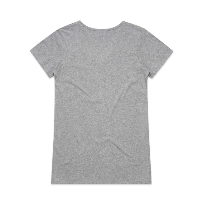 A grey V-neck T-shirt with short sleeves, featuring a simple design and a branding logo on the back.