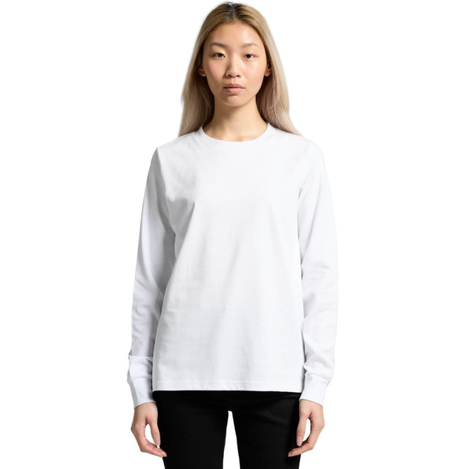 A long-sleeve white t-shirt featuring a simple design and a logo. The model is wearing black pants.