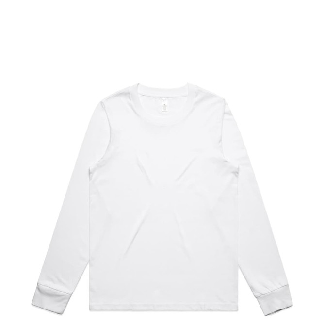 A long-sleeve white T-shirt with a simple design and a logo on the front.